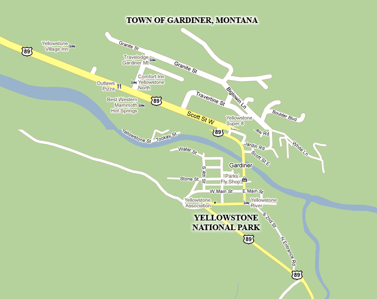 Yellowstone Lodging - Gardiner Montana Town Map